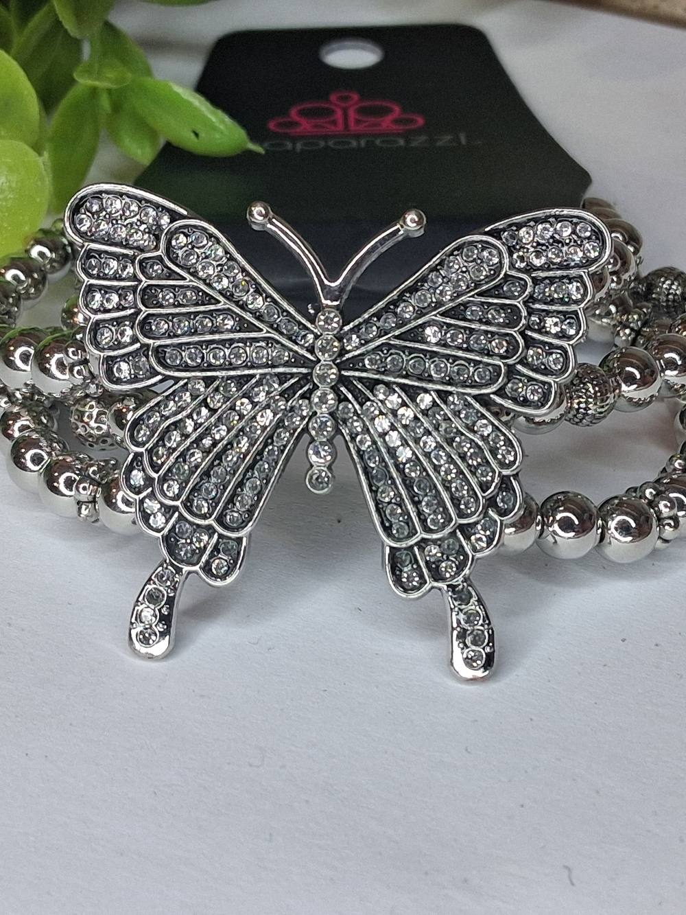 Layered Silver Crystal Butterfly Stretch Bracelet